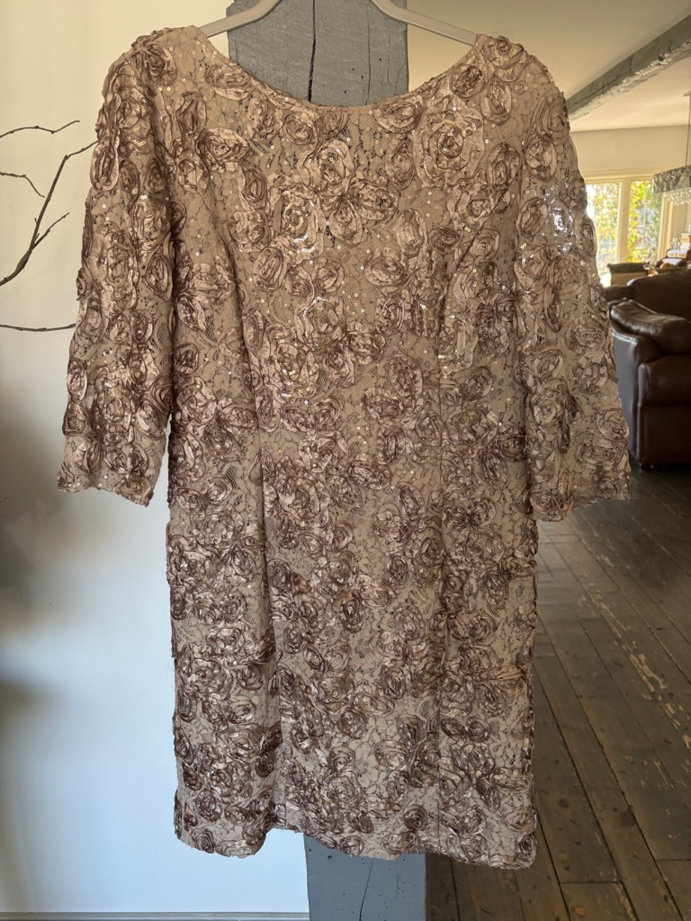 Alex Evenings Taupe Rose-Embroidered Sequin Cocktail Dress